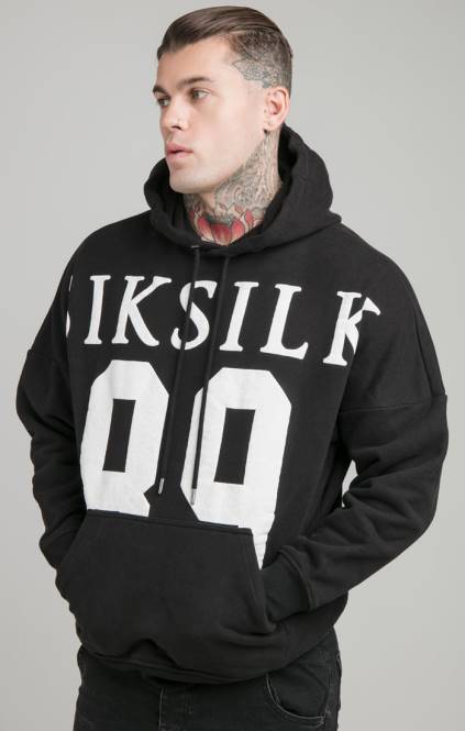 moški SikSilk črn pulover s kapuco sproščenega kroja na spuščenih ramenih oblačila P00V448