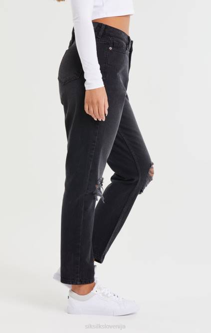 ženske SikSilk izprane črne kavbojke mama jean z razpokanimi rokavi oblačila P00V191