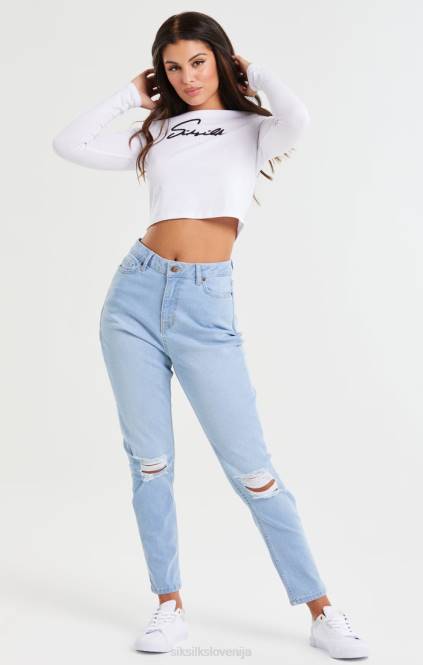 ženske SikSilk svetlo modre kavbojke mama jean z razpokanimi rokavi do kolen oblačila P00V189