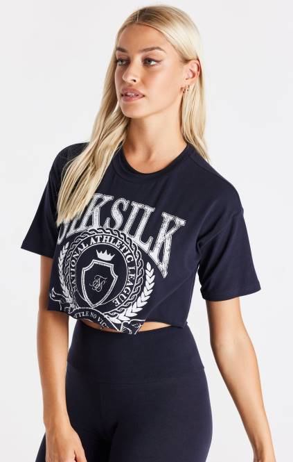 ženske SikSilk mornarsko modra univerzitetna skrajšana majica s kratkimi rokavi oblačila P00V51