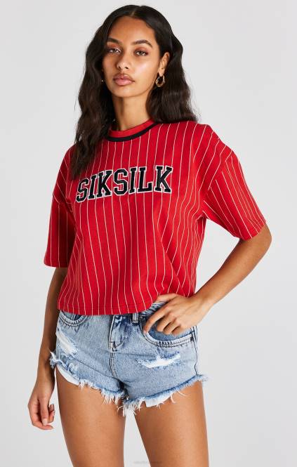 ženske SikSilk rdeča bejzbolska majica s črtami oblačila P00V44