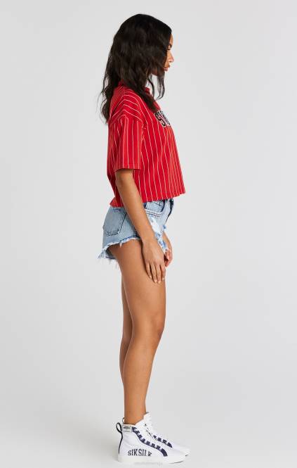 ženske SikSilk rdeča bejzbolska majica s črtami oblačila P00V44