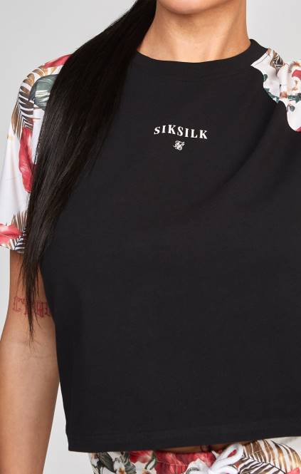 ženske SikSilk črna retro tropics kratke majica s kratkimi rokavi oblačila P00V73