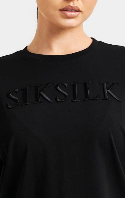 ženske SikSilk črna vezena fantovska majica s kratkimi rokavi oblačila P00V52
